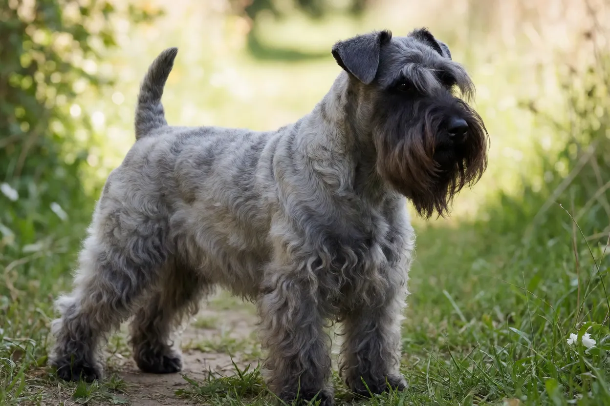 Terrier Checo adulto de pelagem cinza-azulada em pose lateral mostrando barba e corpo retangular