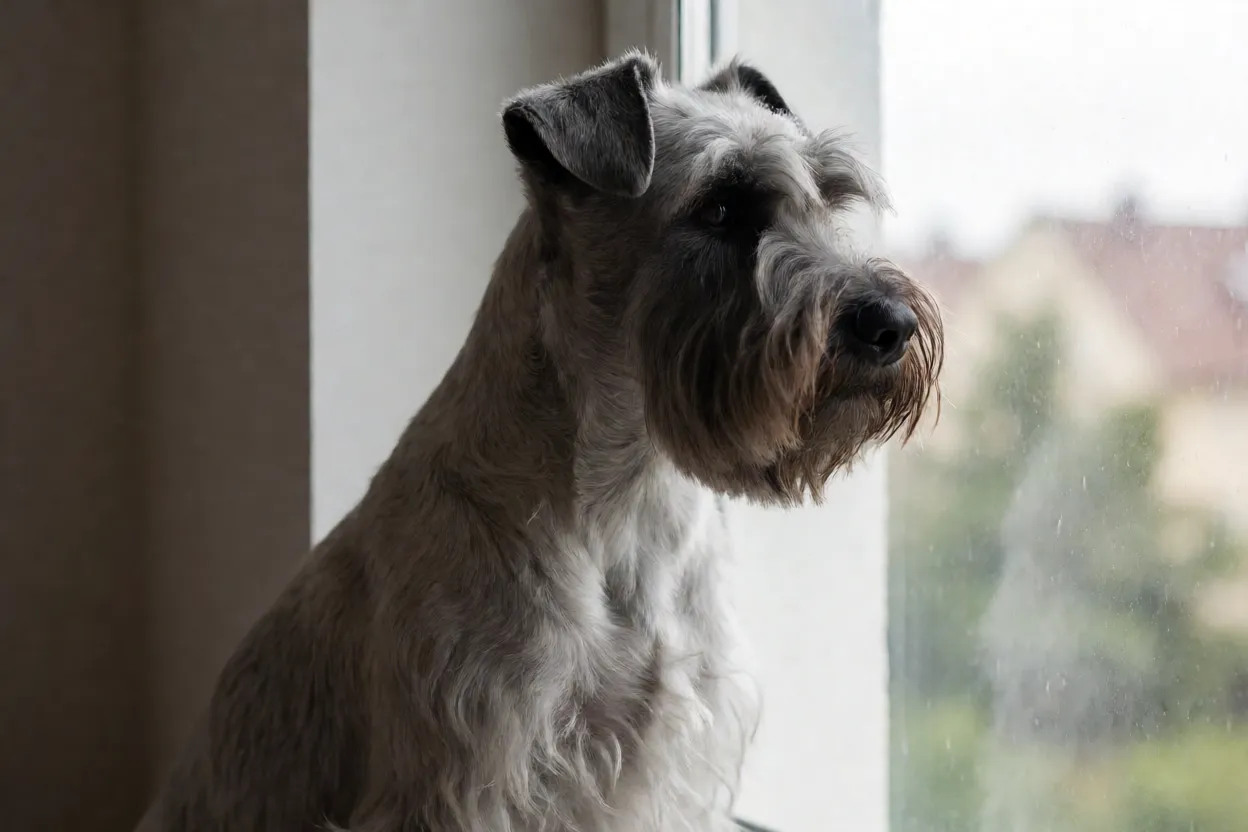 Terrier Checo observando pela janela de forma atenta