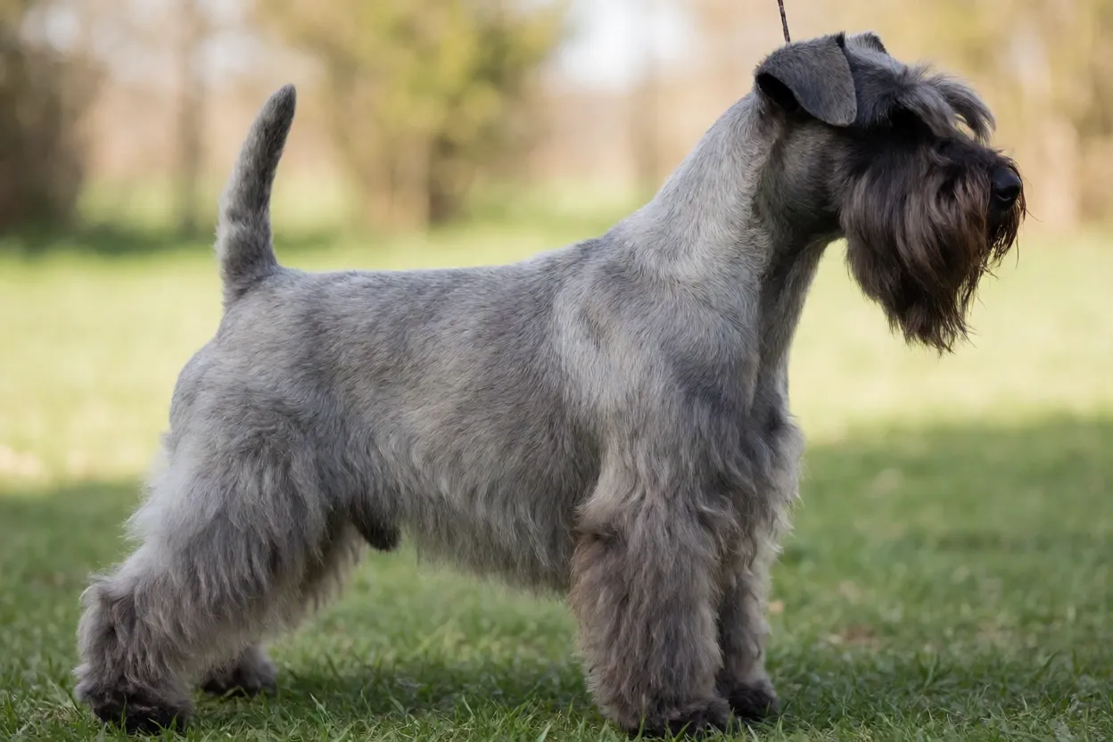 Terrier Checo de perfil mostrando propor&ccedil;&otilde;es retangulares e pernas curtas