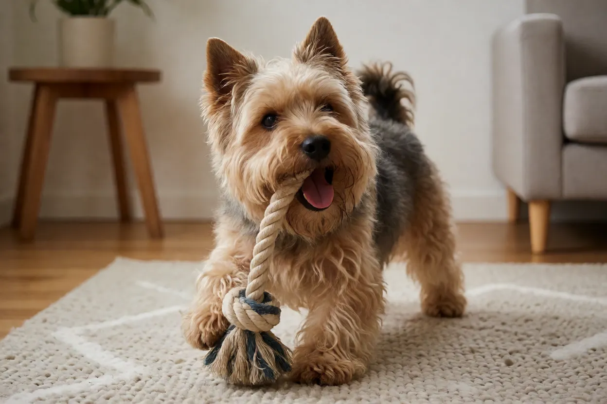 Terrier Checo brincando com brinquedo de corda em ambiente interno