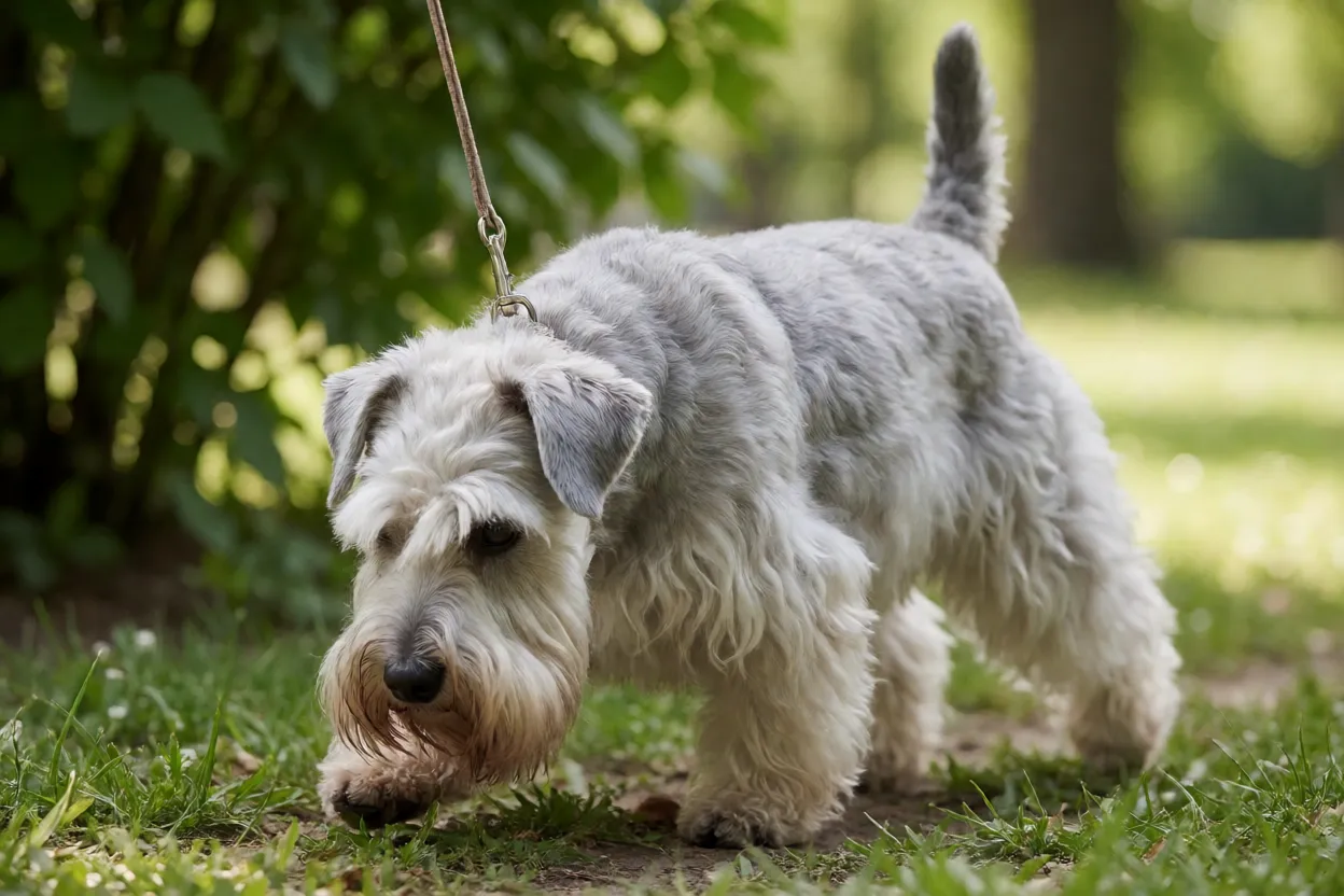 Terrier Checo farejando durante caminhada em parque