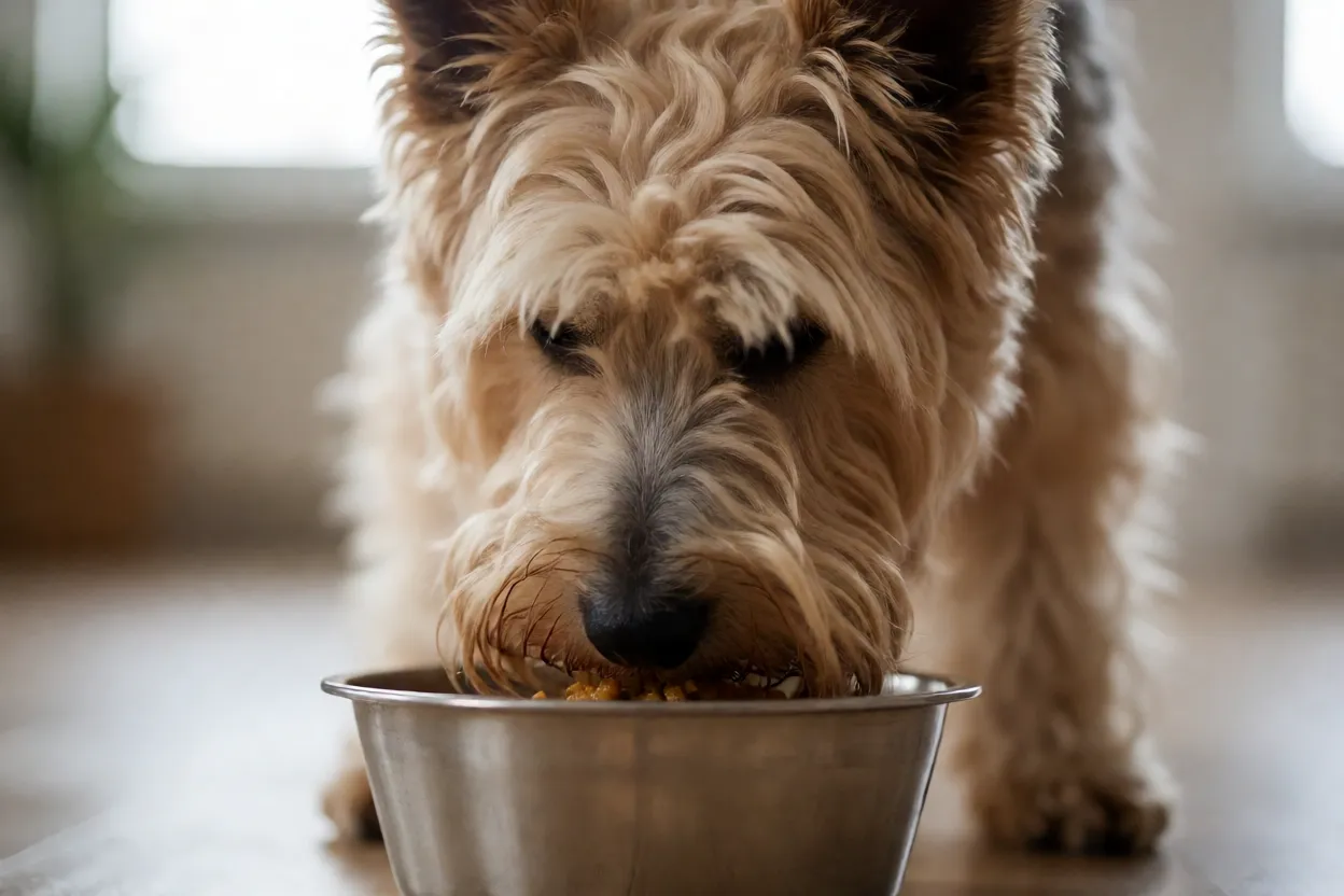 Terrier Checo comendo ra&ccedil;&atilde;o em tigela de a&ccedil;o