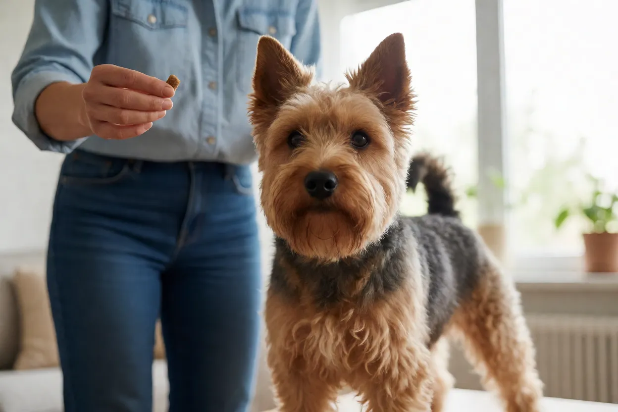 Terrier Checo em sess&atilde;o de treino de obedi&ecirc;ncia com tutor