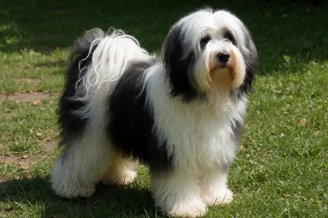 Terrier Tibetano adulto de corpo inteiro em pé na grama, pelagem longa branca e preta