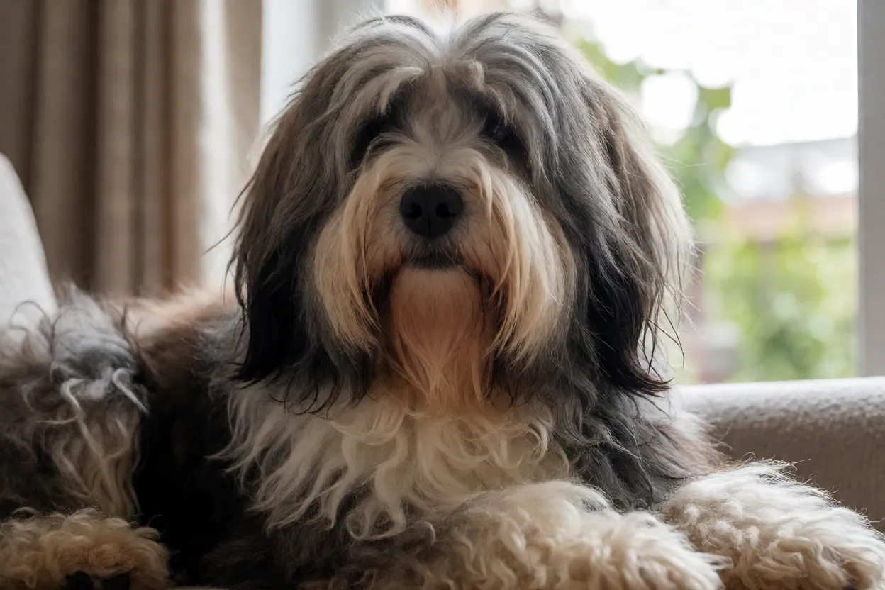 Terrier Tibetano em rotina dom&eacute;stica relaxada
