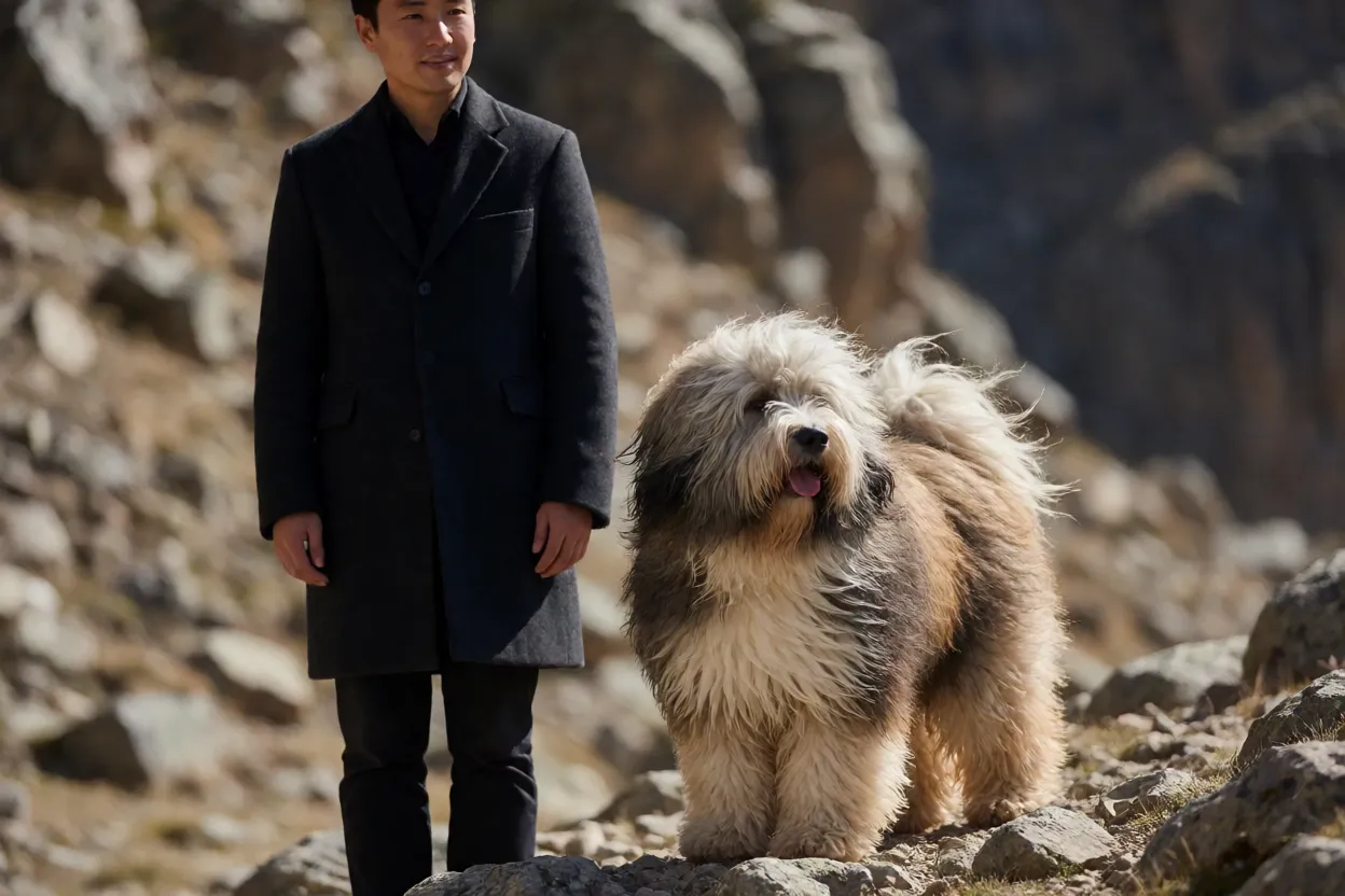 Terrier Tibetano hist&oacute;rico em ambiente de montanha
