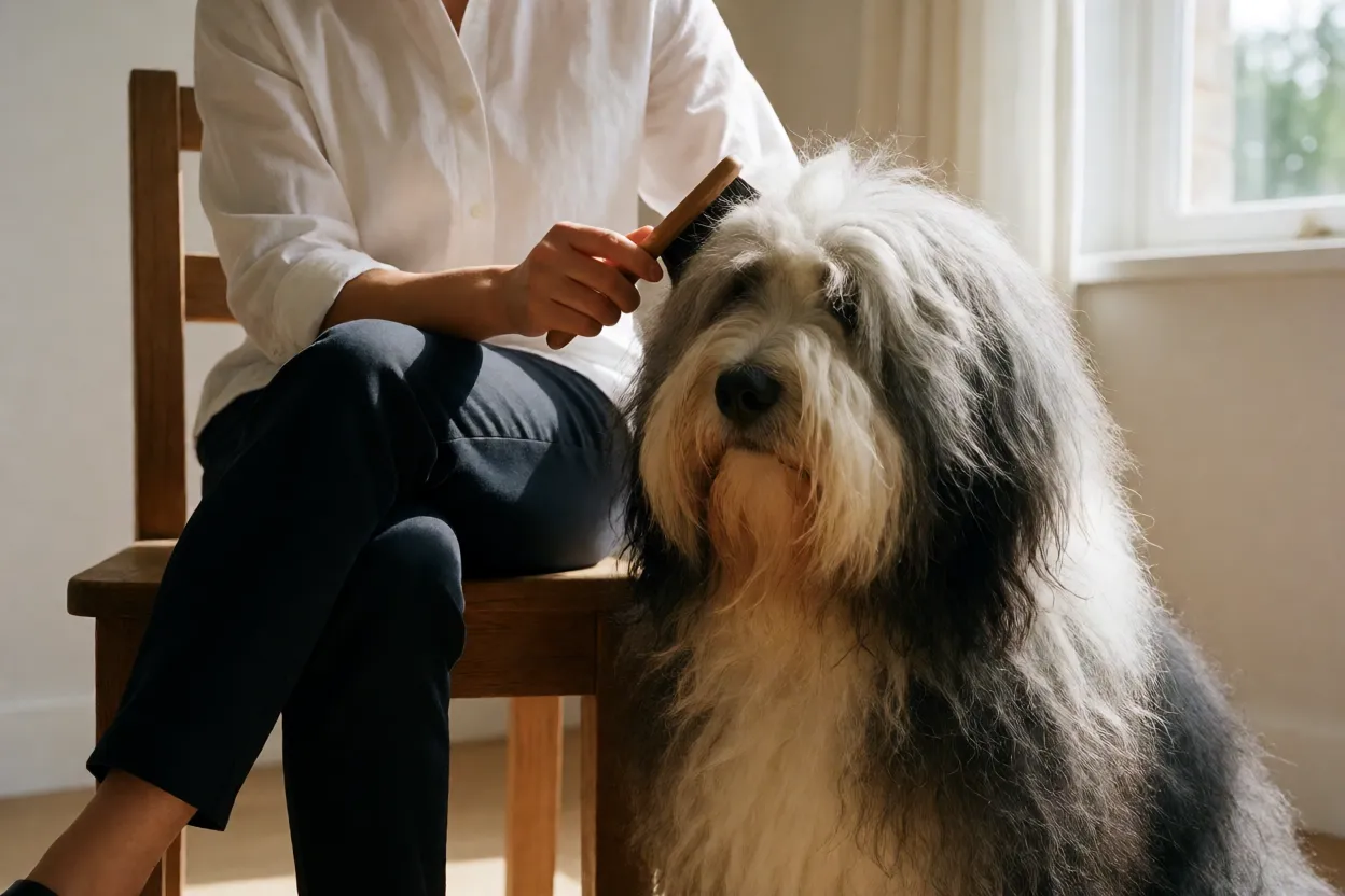 Pessoa escovando pelagem de Terrier Tibetano