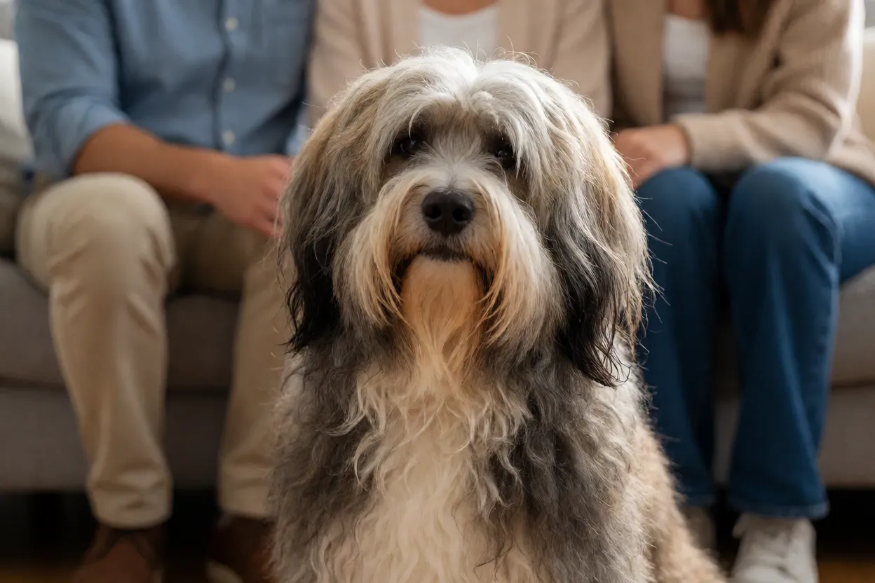 Terrier Tibetano olhando atento para a fam&iacute;lia