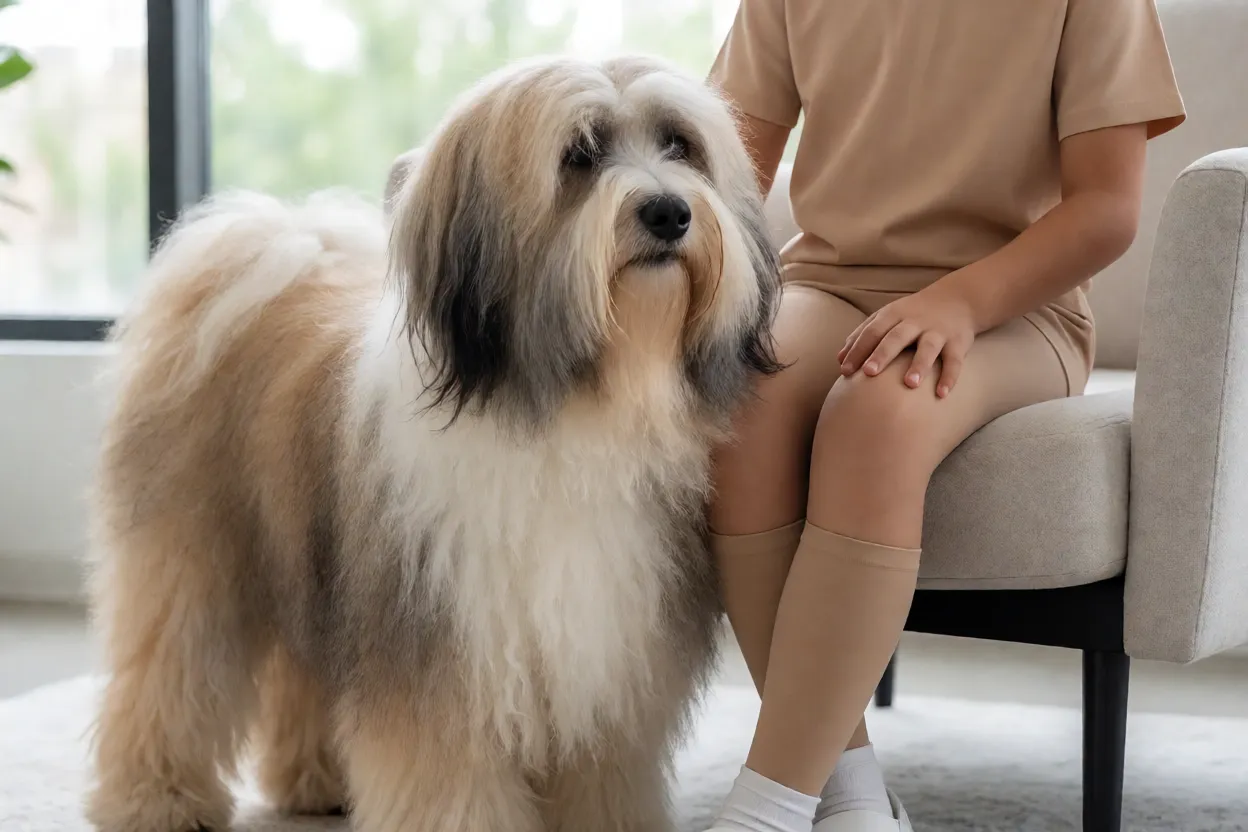 Terrier Tibetano interagindo com crian&ccedil;a mais velha