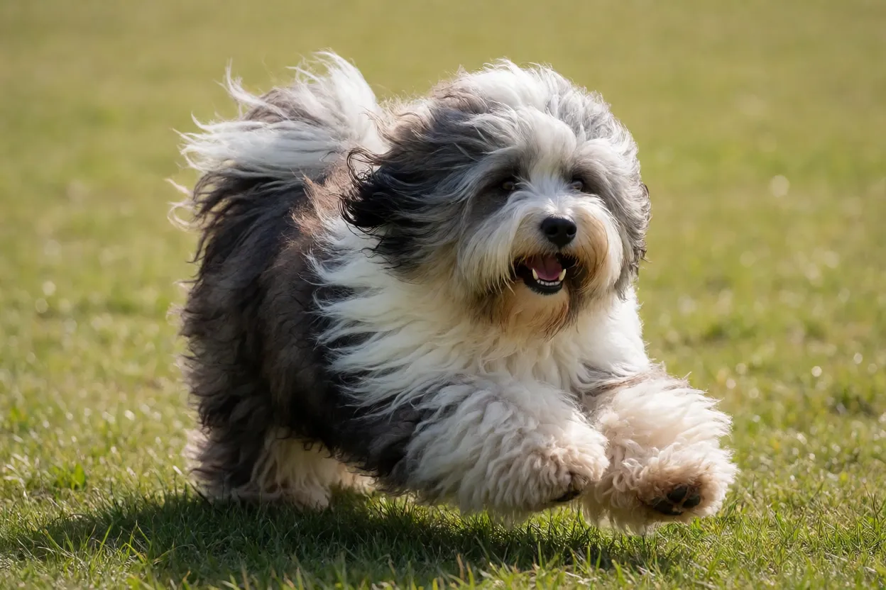 Terrier Tibetano correndo em &aacute;rea aberta