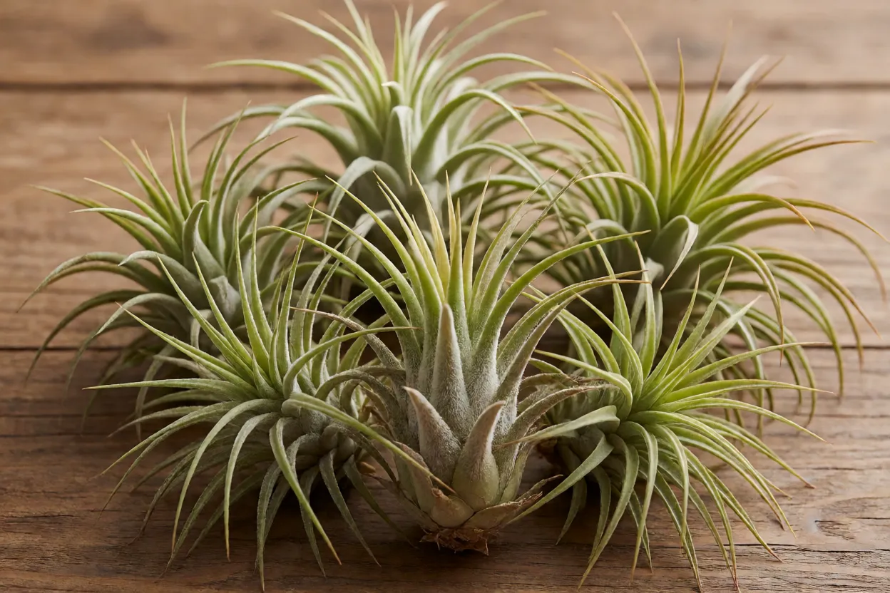 Tillandsia: tipos, raízes aéreas, características e como cultivar plantas aéreas Grupo de Tillandsia ionantha de diferentes cultivares em mesa