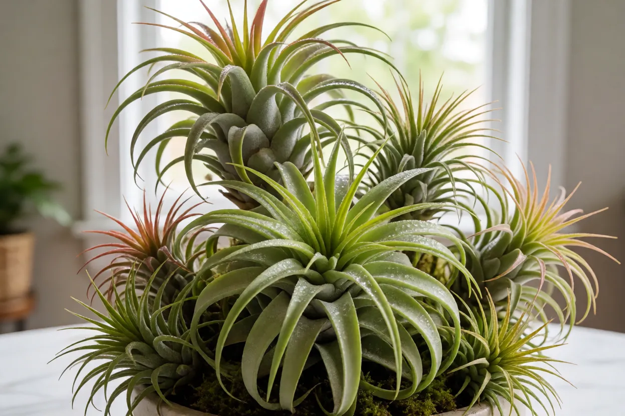 Tillandsia: tipos, raízes aéreas, características e como cultivar plantas aéreas Composição decorativa com várias Tillandsias em ambiente interno moderno