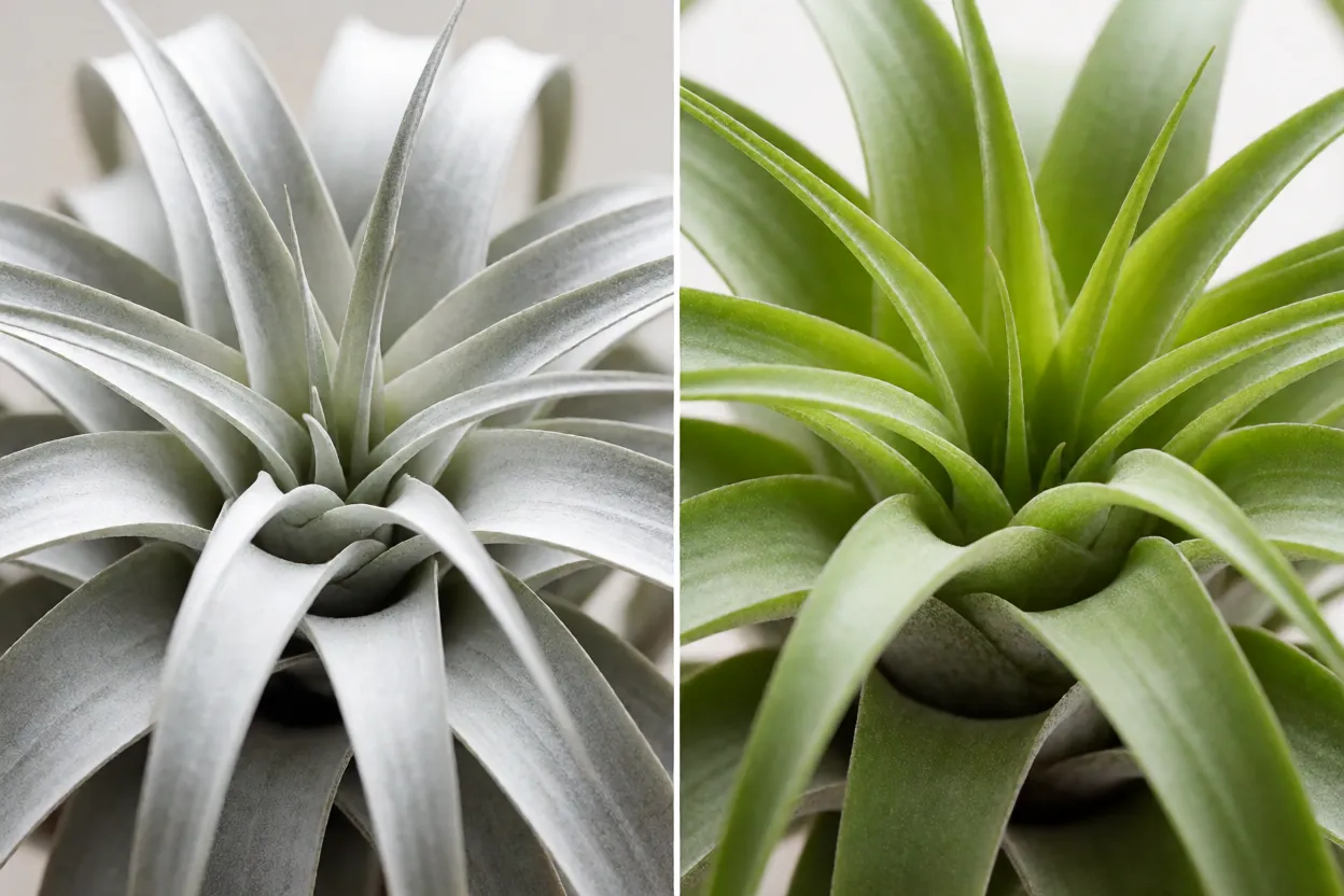 Tillandsia: tipos, raízes aéreas, características e como cultivar plantas aéreas Comparação visual entre Tillandsia xérica prateada e mésica verde