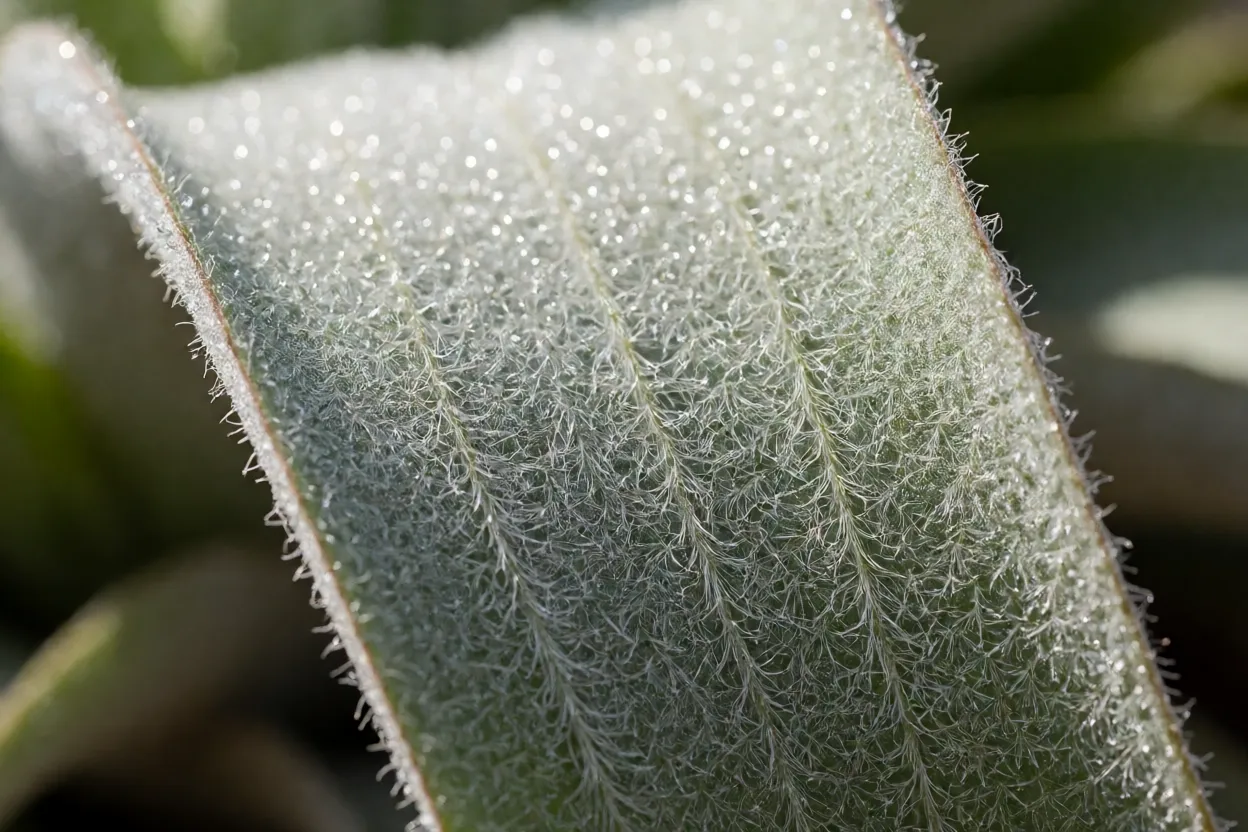 Tillandsia: tipos, raízes aéreas, características e como cultivar plantas aéreas Folha de Tillandsia mostrando tricomas prateados em close
