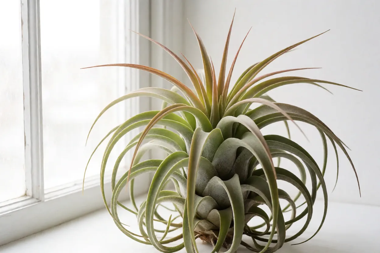 Tillandsia: tipos, raízes aéreas, características e como cultivar plantas aéreas Tillandsia ionantha recebendo luz indireta brilhante perto de janela