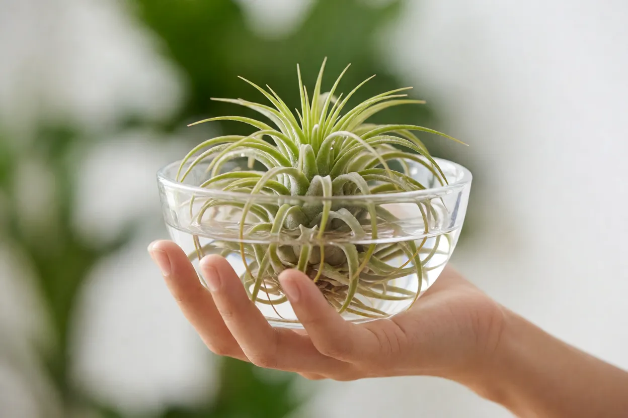 Tillandsia: tipos, raízes aéreas, características e como cultivar plantas aéreas Tillandsia sendo imersa em tigela de água para rega