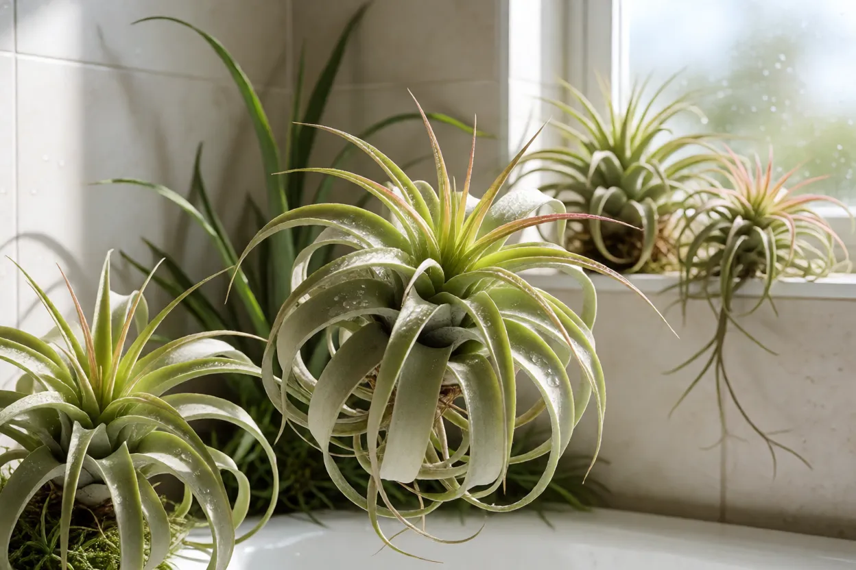 Tillandsia: tipos, raízes aéreas, características e como cultivar plantas aéreas Tillandsia em ambiente úmido de banheiro com luz natural