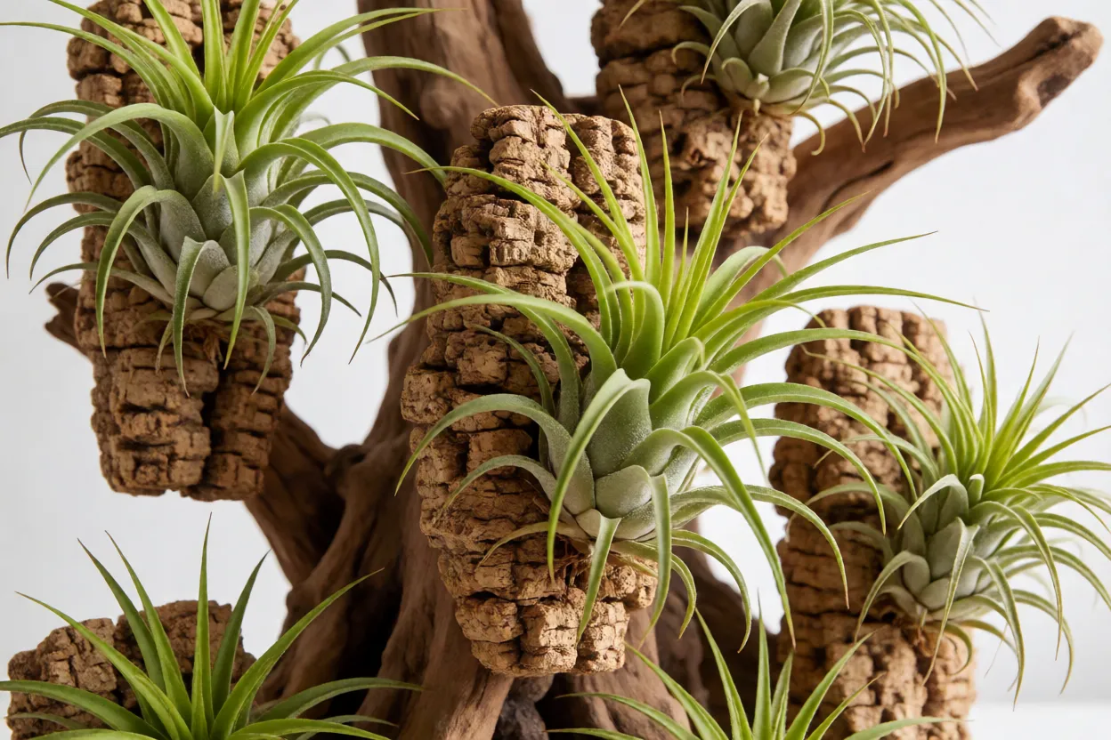 Tillandsia: tipos, raízes aéreas, características e como cultivar plantas aéreas Várias Tillandsias montadas em madeira e cortiça em composição decorativa