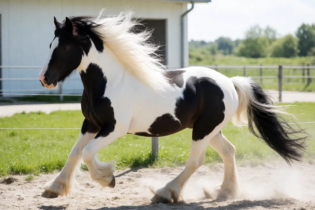 Cavalo Tinker trotando em piquete mostrando movimentação