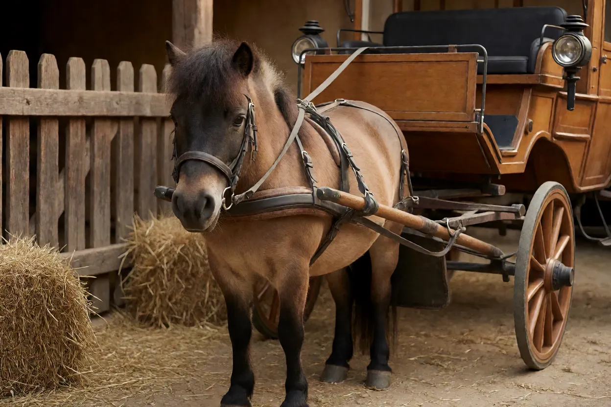 Cavalo Tinker atrelado a carruagem tradicional no pátio do haras