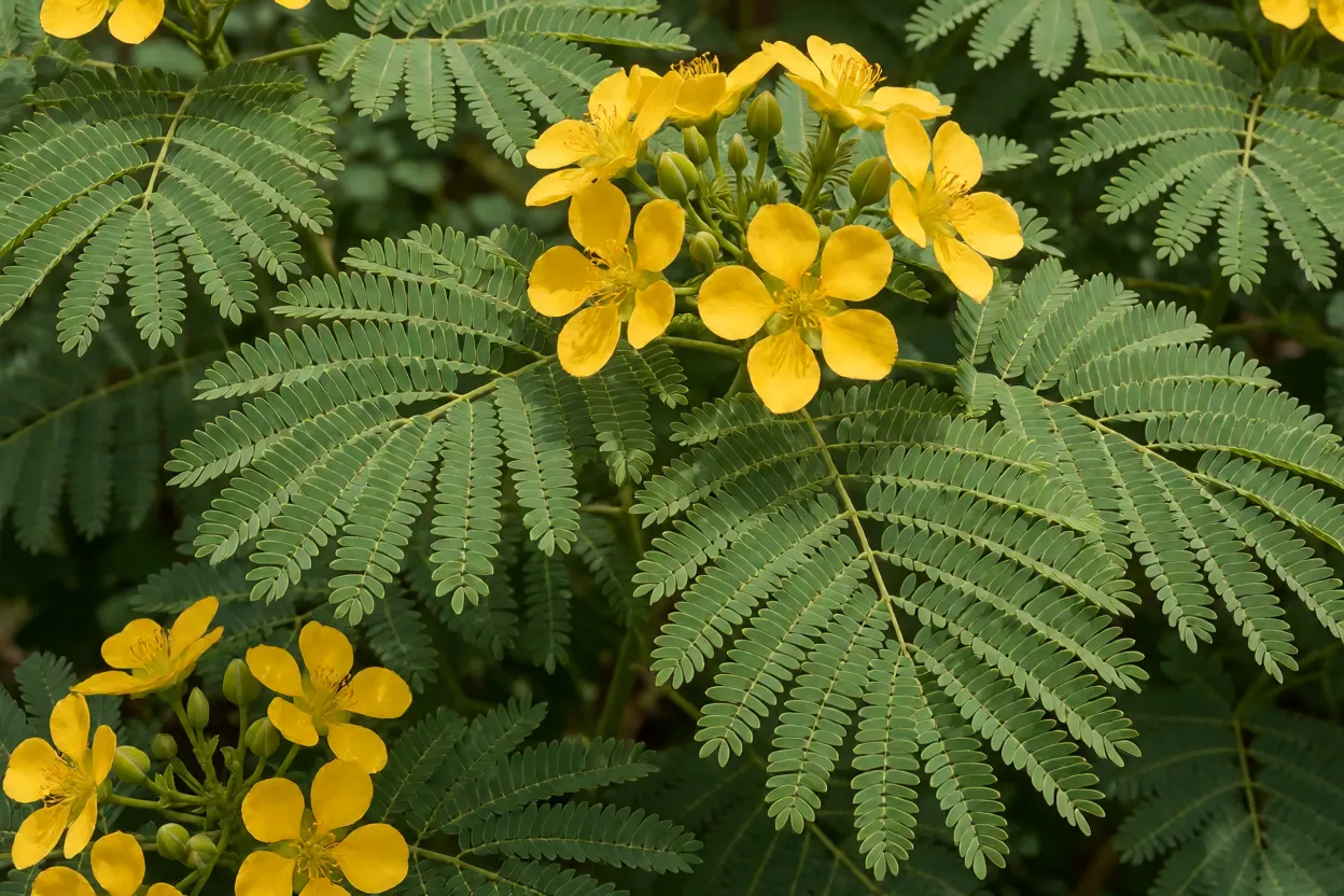 Folhas pinadas e flores amarelo-ouro da tipuana em detalhe