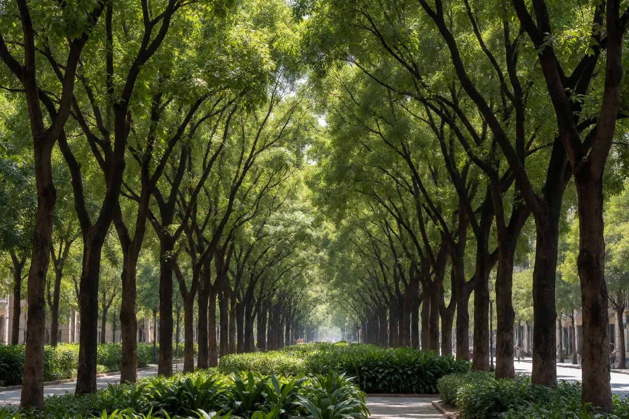 Avenida arborizada com fileiras de tipuanas formando túnel verde
