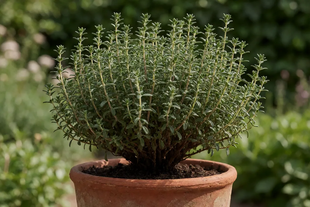 Tomilho adulto em vaso de barro com touceira densa e folhas verde-acinzentadas