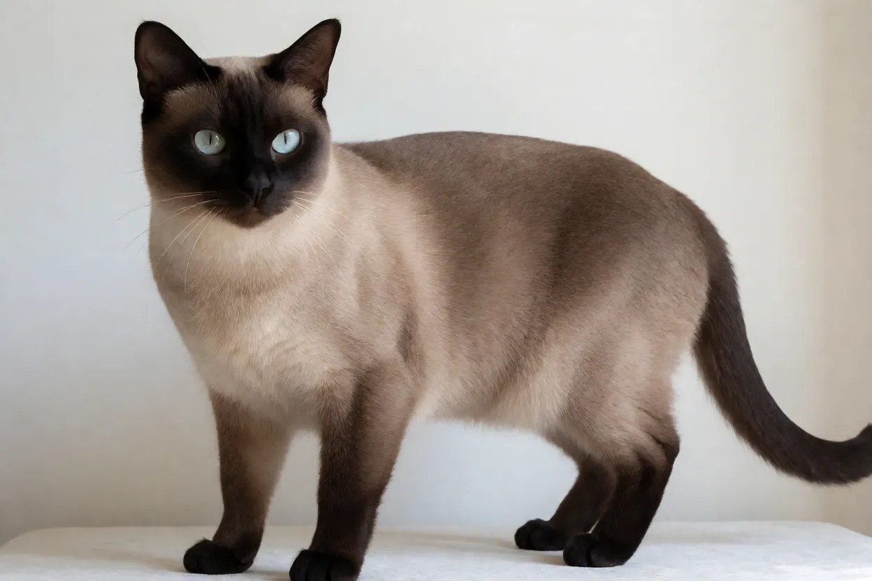 Gato Tonquinês adulto de corpo inteiro com pelagem mink natural e olhos aqua