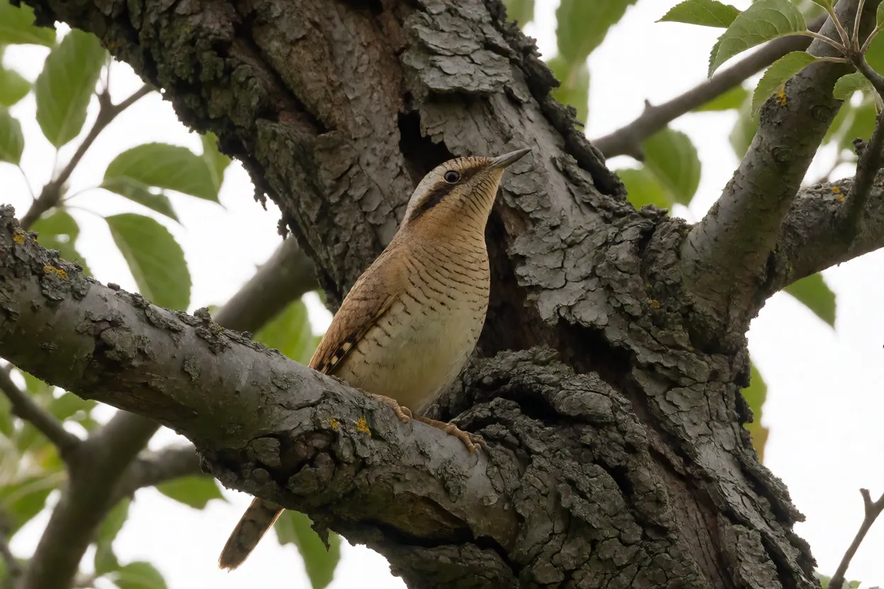 Torcicolo-eurasiático pousado em galho de macieira mostrando plumagem críptica