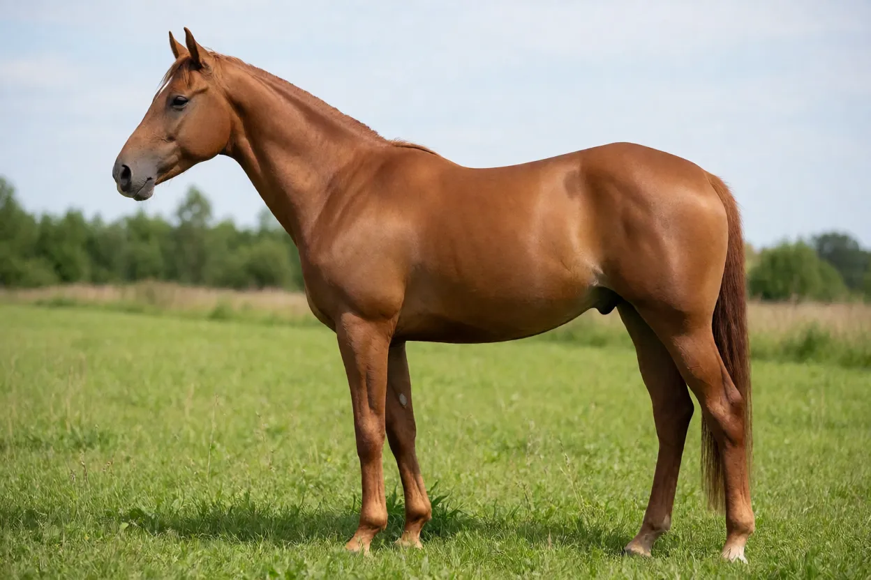 Cavalo Tori adulto castanho em vista lateral na pastagem