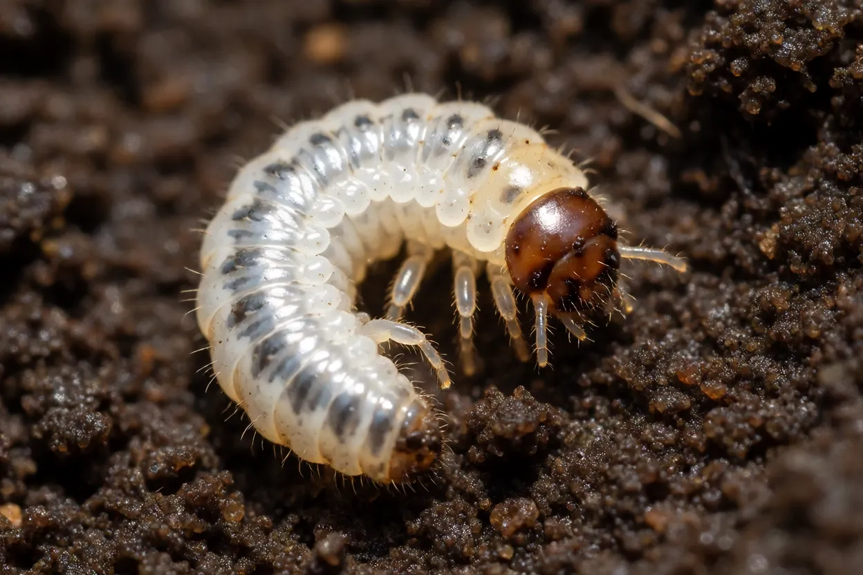 Larva coró branca em forma de C do torrãozinho no solo