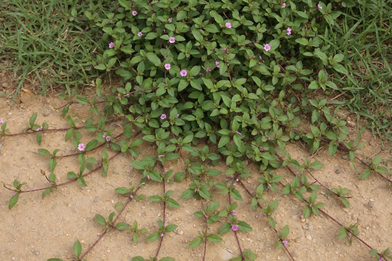 Tostão (Boerhavia diffusa) adulto rasteiro com ramos avermelhados e flores rosadas