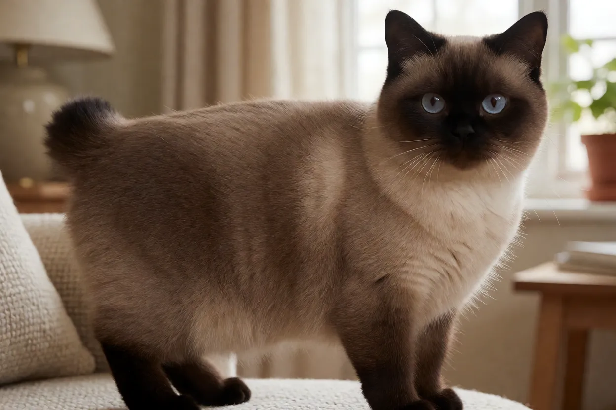 Gato Toybob adulto de corpo inteiro mostrando tamanho muito pequeno e cauda curta em pompom
