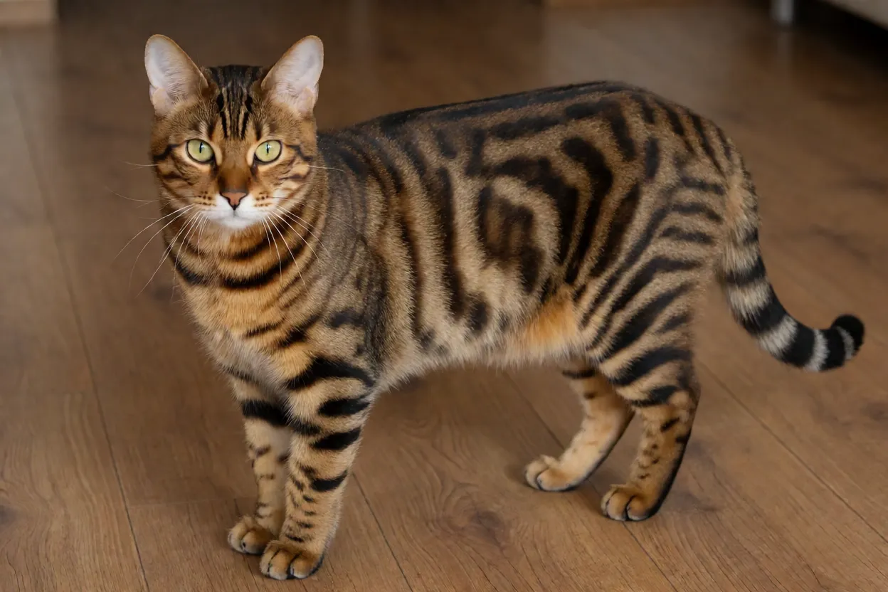 Gato Toyger adulto de corpo inteiro em pé mostrando pelagem tigrada laranja com listras pretas