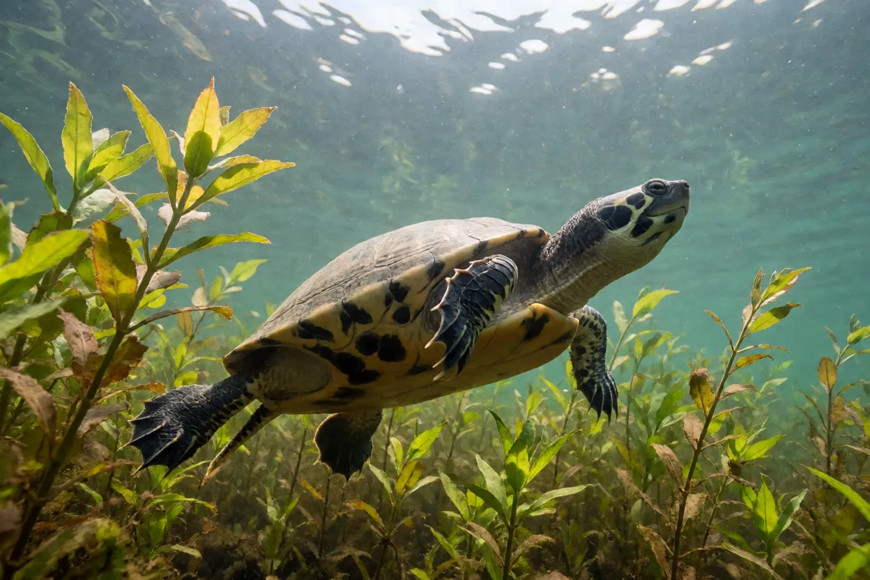Tracajá nadando submerso em lago amazônico