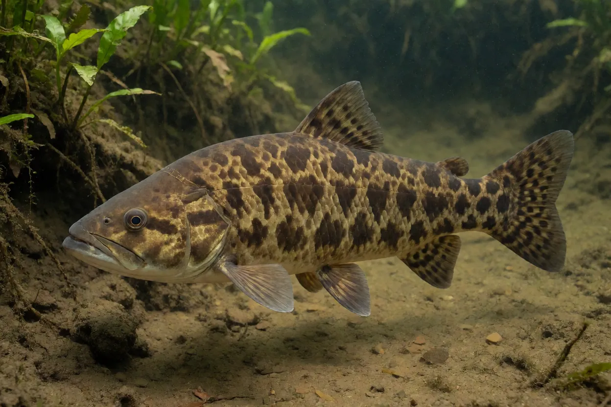 Traíra Hoplias malabaricus vista lateral em água doce rasa mostrando manchas escuras e cabeça achatada