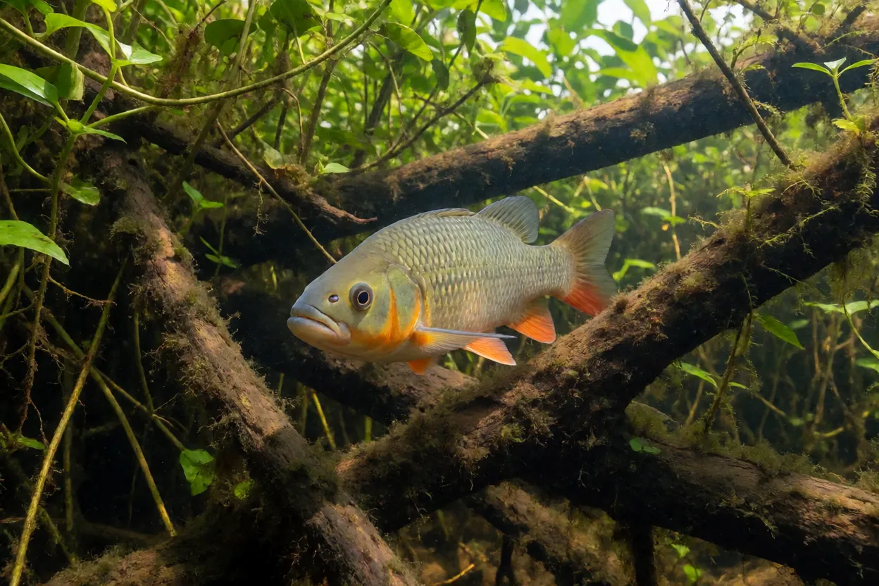 Trairão em habitat natural com troncos submersos e vegetação aquática
