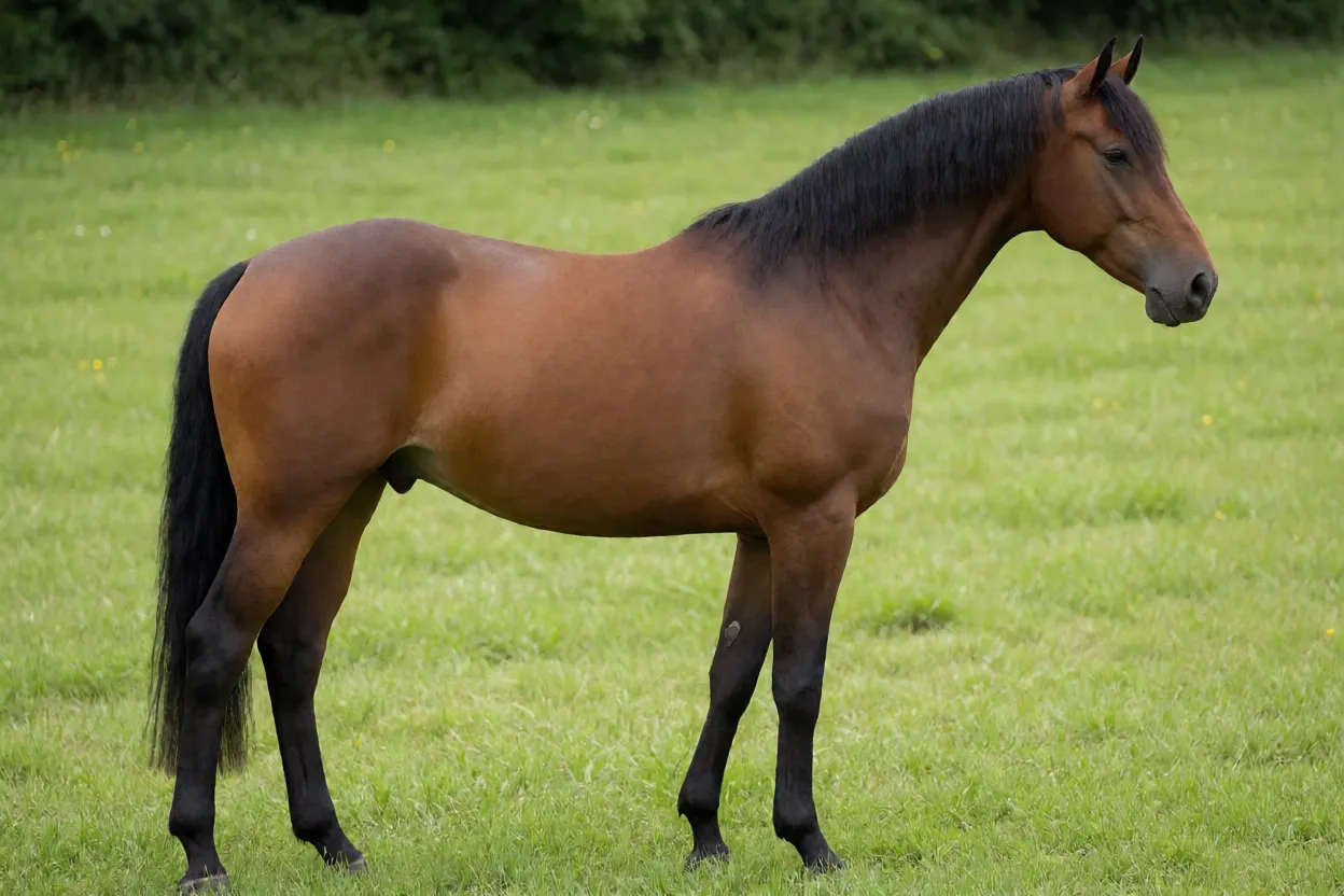 Cavalo Trakehner adulto de pelagem baia em vista lateral na pastagem