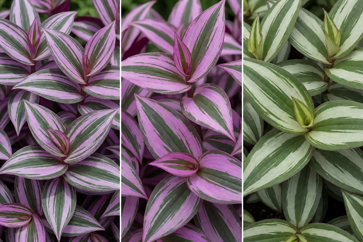 Trapoeraba: tipos, cores das folhas, características e como cultivar Comparativo de tipos de trapoeraba com folhas verdes, roxas e variegadas