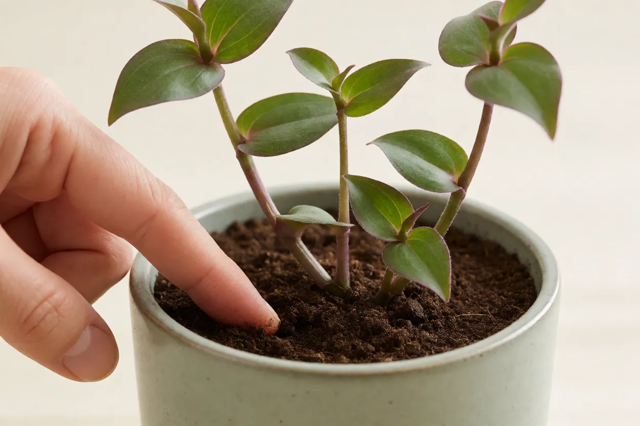 Trapoeraba: tipos, cores das folhas, características e como cultivar Verificação de umidade do solo em vaso de trapoeraba