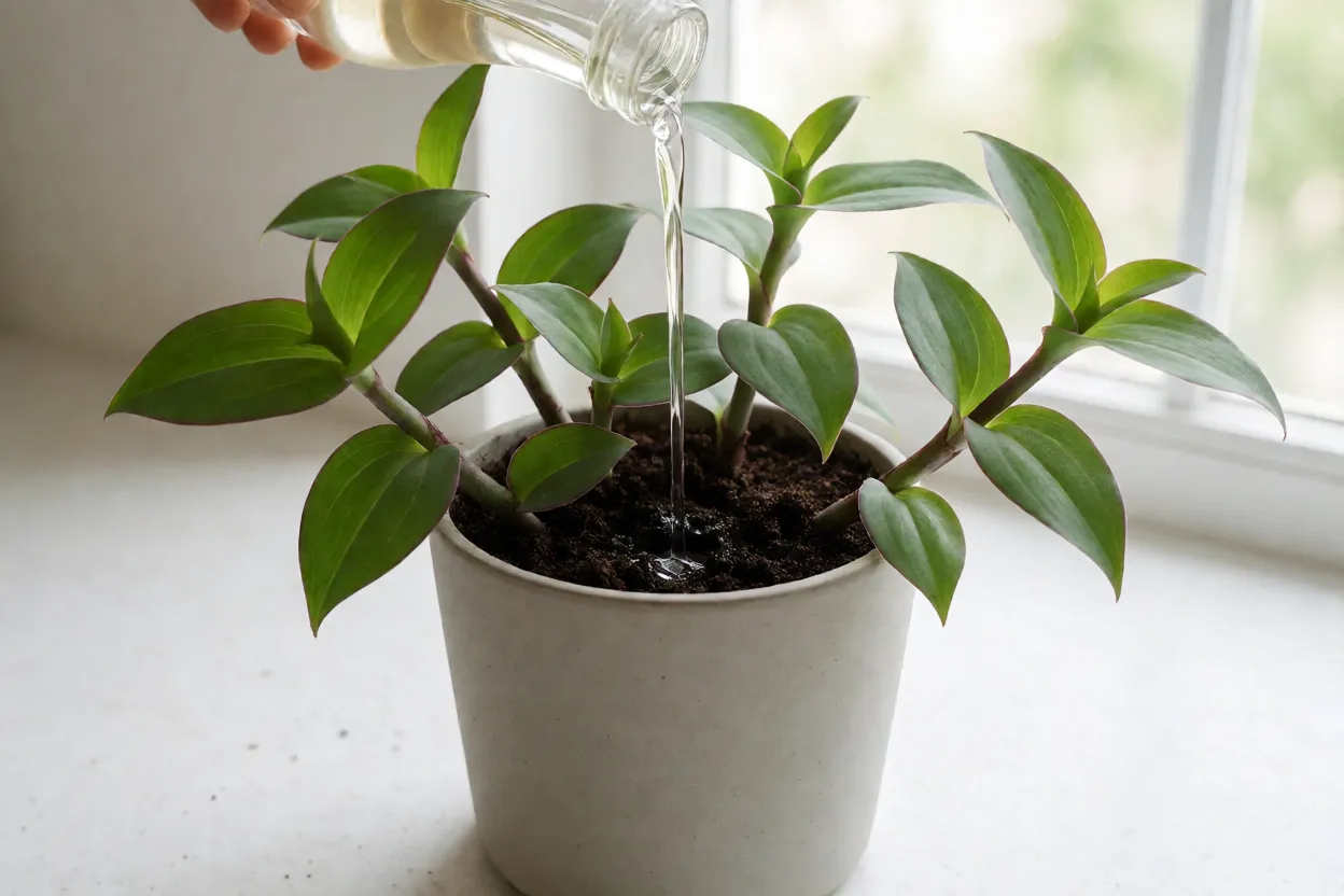 Trapoeraba: tipos, cores das folhas, características e como cultivar Aplicação de fertilizante líquido diluído em trapoeraba