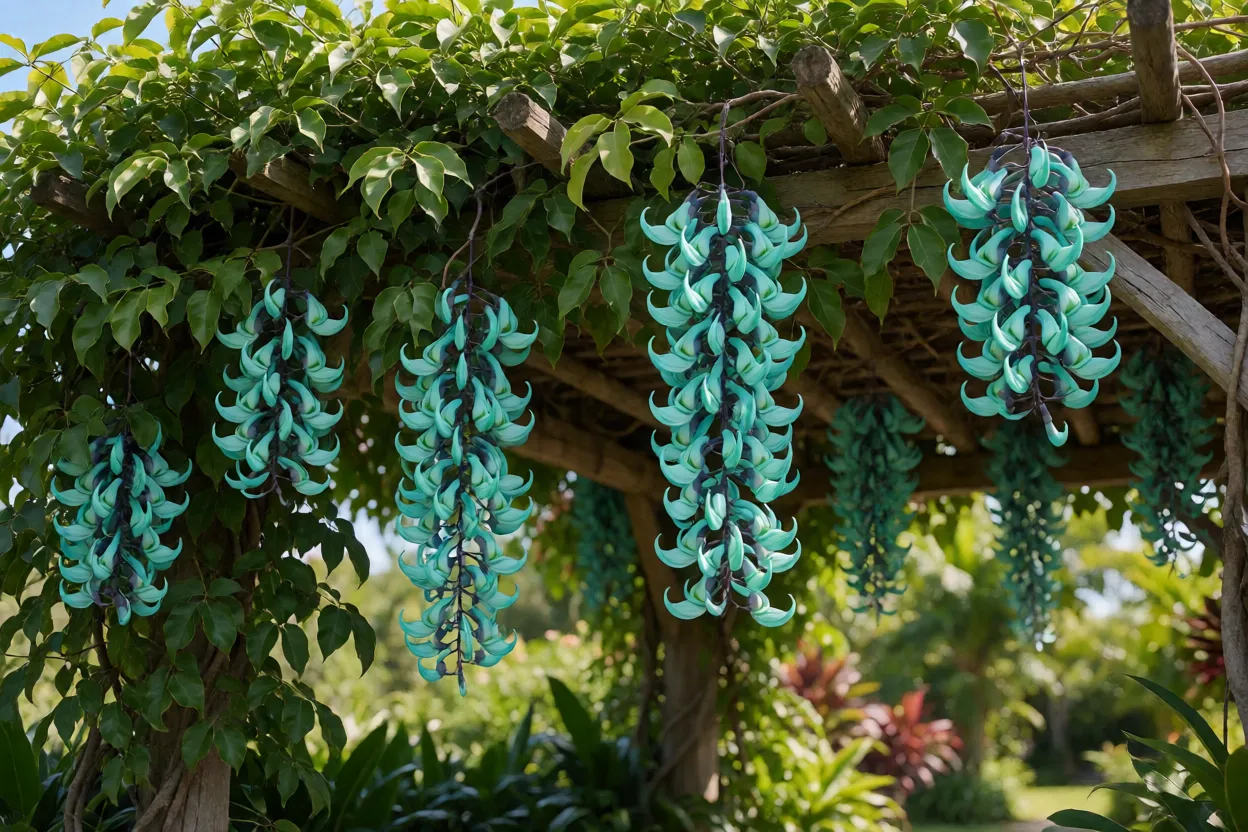 Trepadeira-jade adulta cobrindo pérgola com cachos longos de flores turquesa pendentes