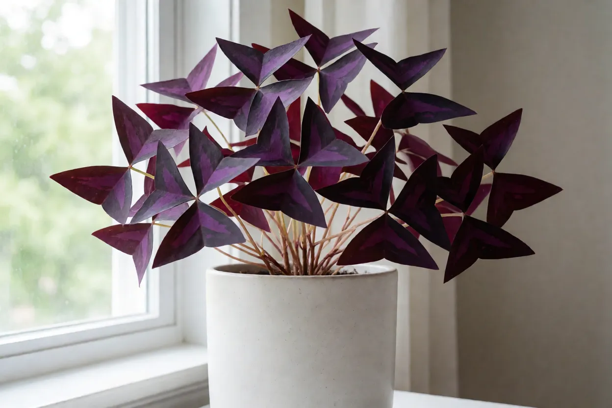 Trevo-roxo Oxalis triangularis em vaso branco perto de janela iluminada