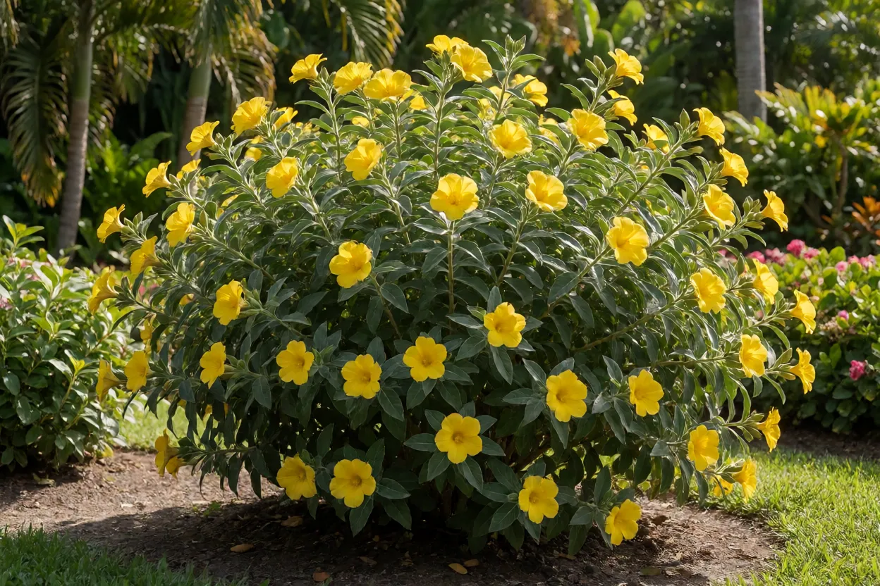 Triális adulta florida com flores amarelas no jardim sob sol pleno