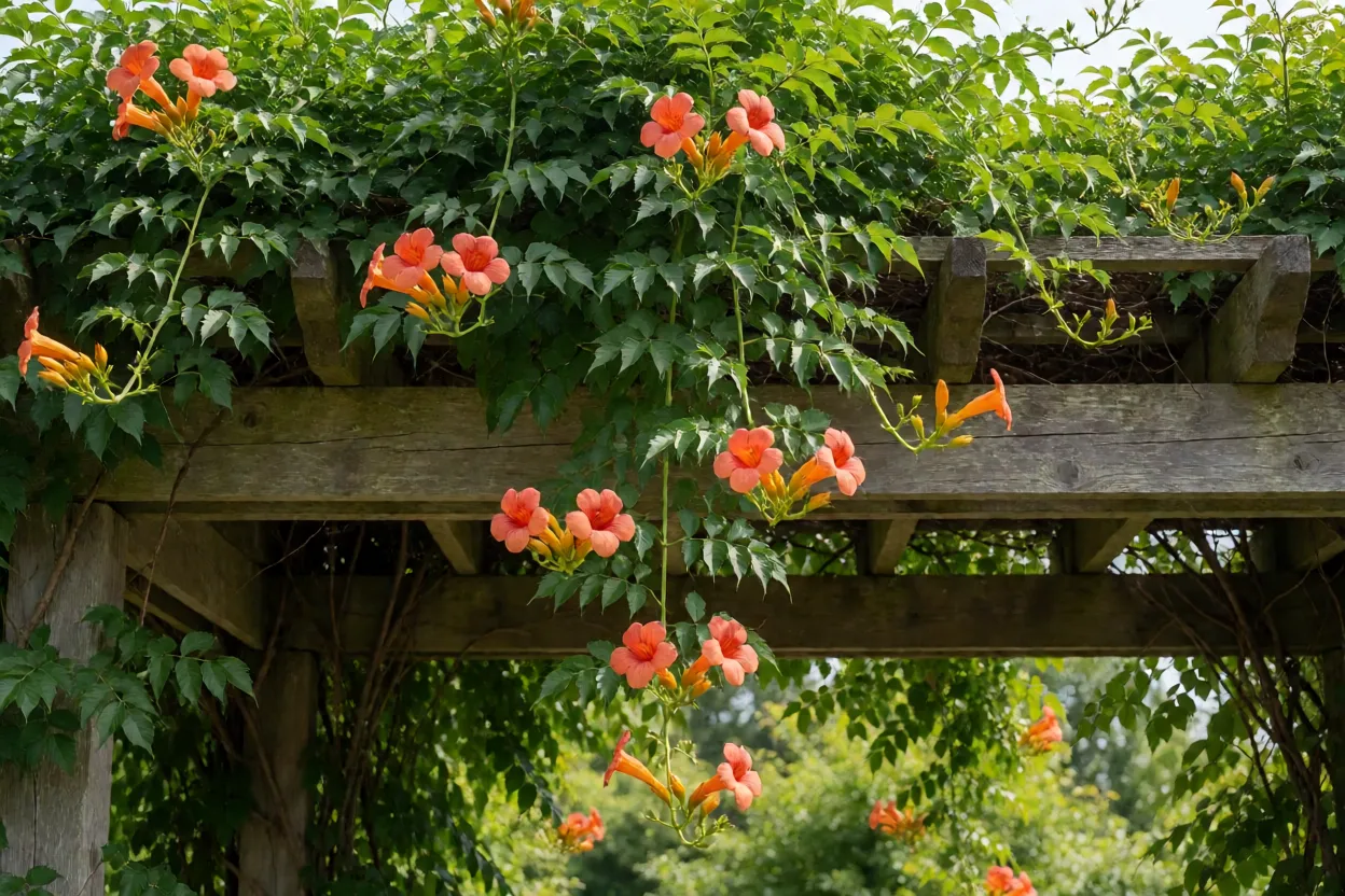 Trombeta-chinesa adulta cobrindo pérgola de madeira com flores laranja em forma de trombeta