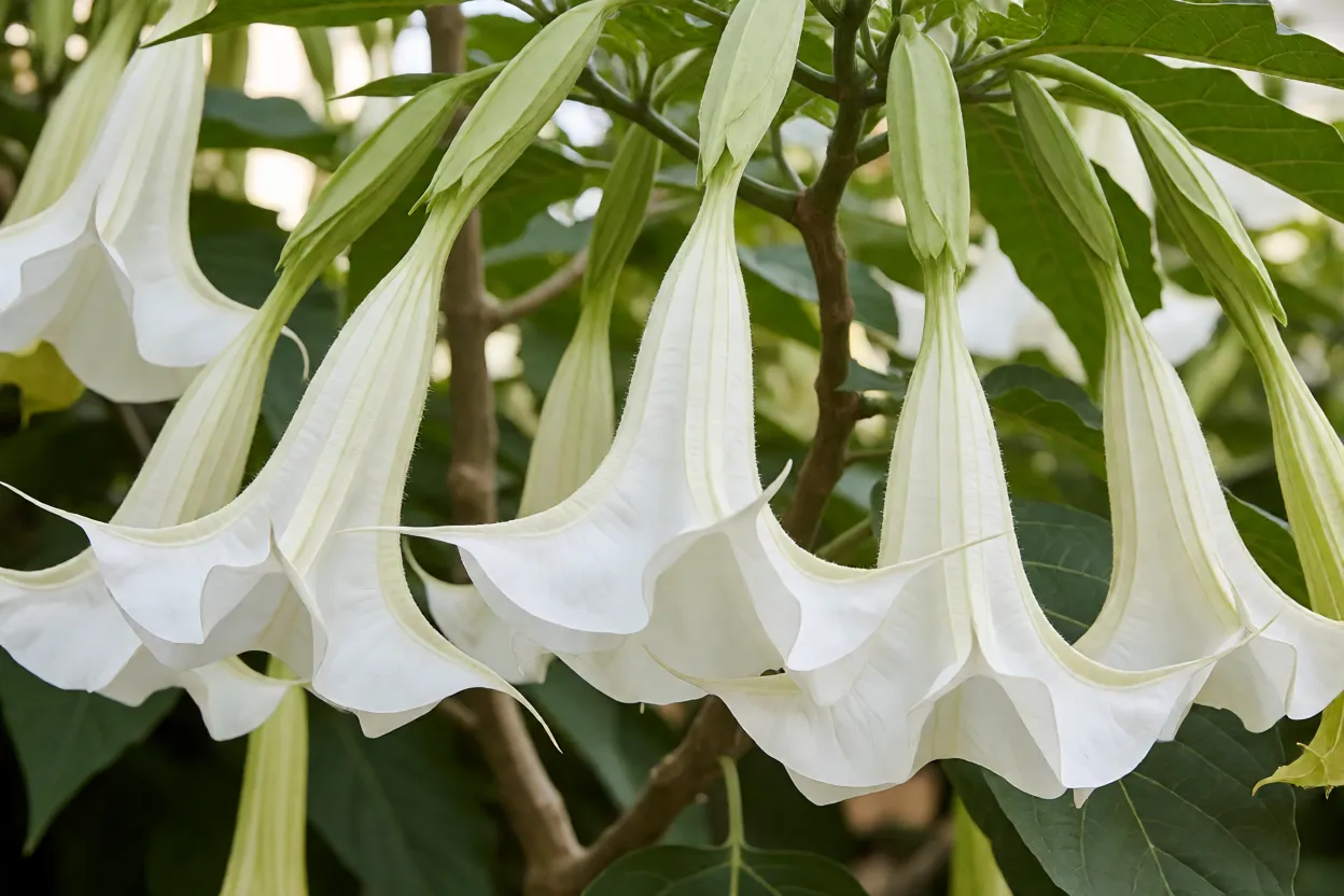 Trombeta-de-anjo com flores brancas pendentes em jardim tropical