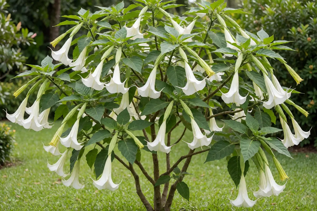 Trombeteiro adulto com flores brancas pendentes em jardim ensolarado