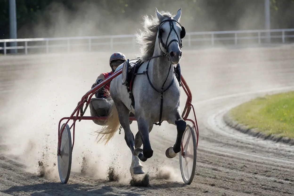 Cavalo Trotador Orlov trotando atrelado em pista