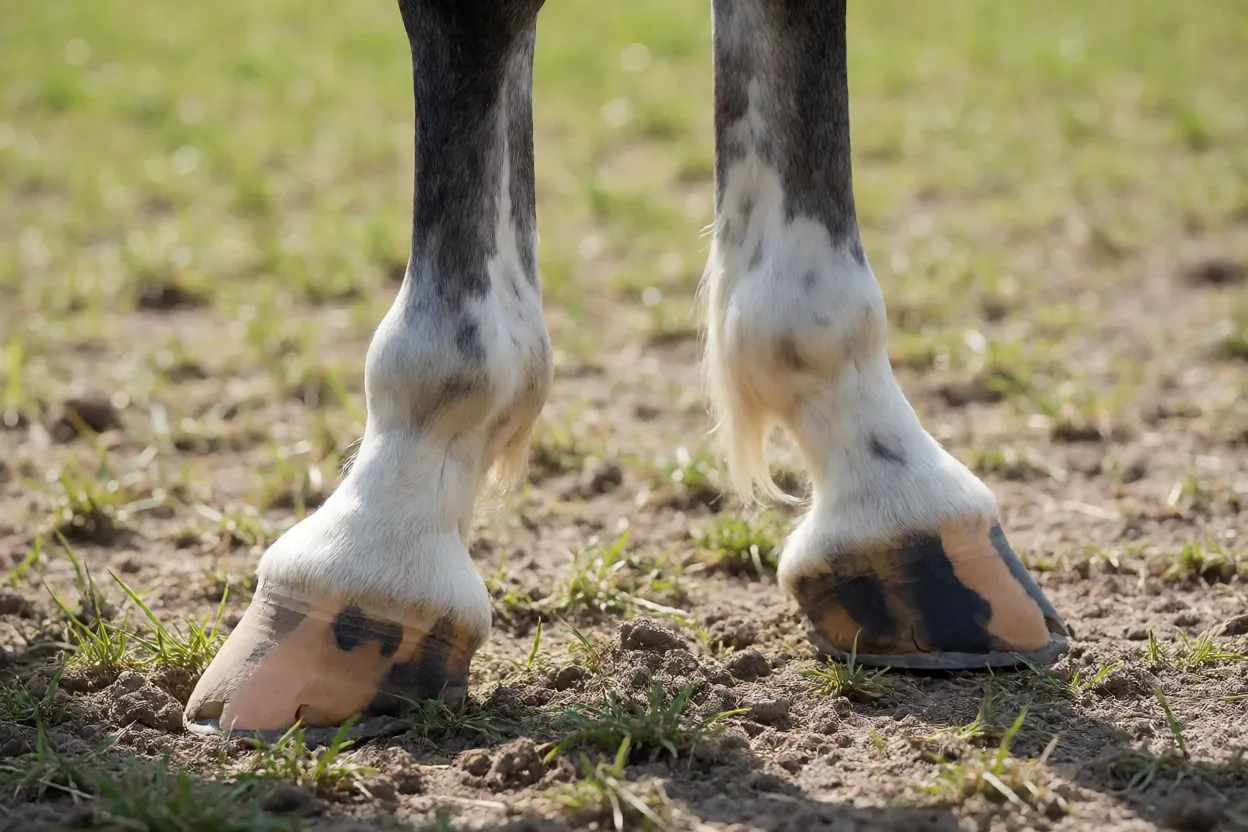 Detalhe das pernas e cascos do cavalo Trotador Orlov