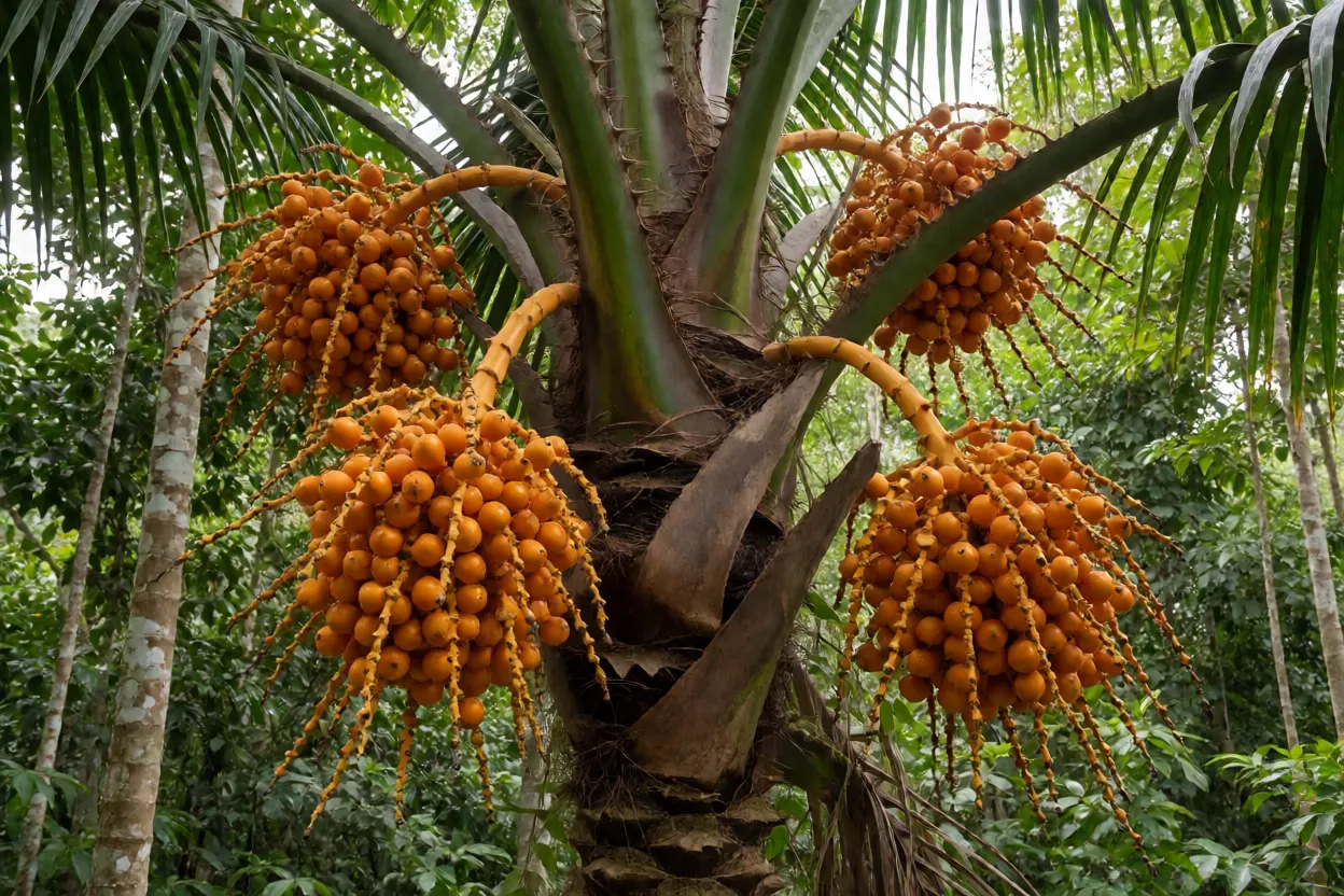 Tucumãzeiro com cachos de frutos alaranjados na Amazônia